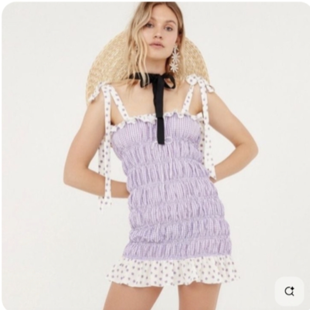 🩷🍋 For Love And Lemons Lilac Purple Gingham Dress Stretchy With Tie Strap